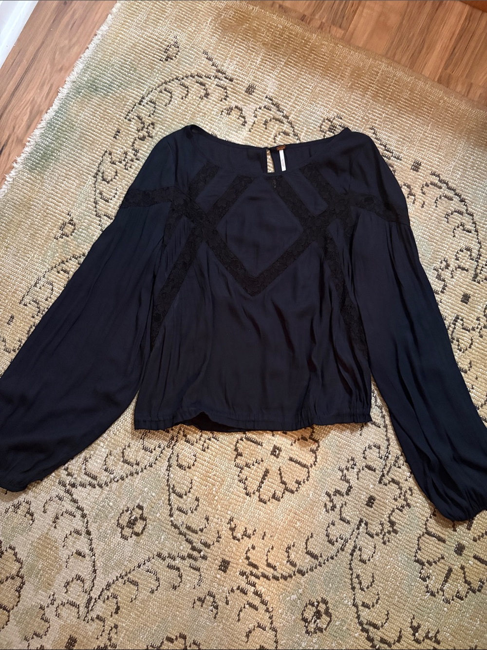 Free People Black Lace-Trim Long-Sleeve Blouse